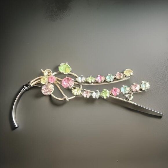 Brooch Rhinestone Pastel Vintage Silvertone, 2 Inches - Picture 2 of 4